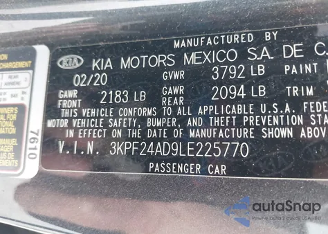2020 Kia Forte Lxs z USA, uszkodzony, nr VIN 3KPF24AD9LE225770